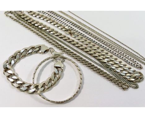 A collection of five silver and silver coloured metal chains and a bangle and a bracelet, combined weight 8.8ozt, 273.8g, and