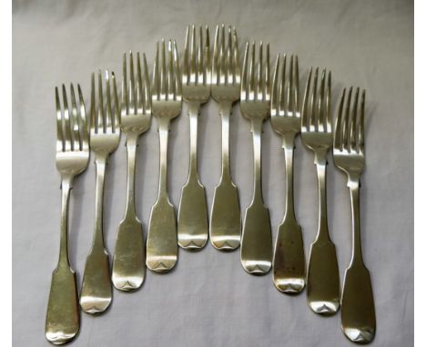 A set of eight Victorian silver fiddle pattern table forks, London 1832, maker's mark 'WB', 20cm long and one other silver fi