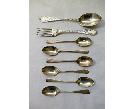 An ornate Victorian silver christening spoon and fork, London 1890, and a set of six old English pattern coffee spoons, engra