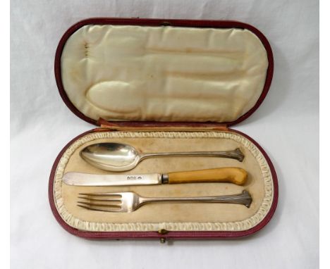 An Edwardian three piece silver christening set, Sheffield 1902, the knife with ivory pistol grip, housed in fitted case, spo