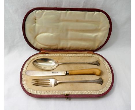 An Edwardian three piece silver christening set, Sheffield 1902, the knife with ivory pistol grip, housed in fitted case, spo