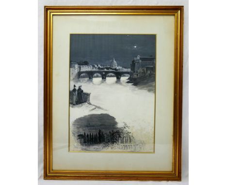 Louis William Wain (1860 - 1939)Moonlit view of Roman bridge over the river Tiber with St. Peter's Cathedral in the distance,