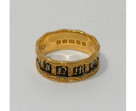 A Victorian 18 carat gold black enamel 'In Memory Of' mourning ring, London 1867, the inside inscribed 'My dear Father Obt Ap