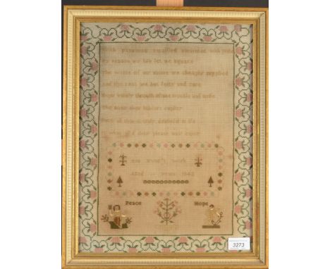 A needlework sampler by Ann Irvine aged 11 years, dated 1842 with verse and inscribed 'Peace and Hope' with figures flanking 