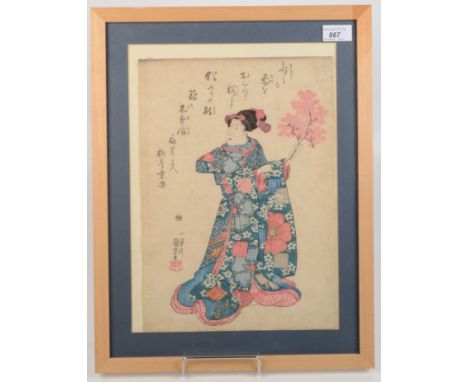 A Japanese print of a geisha girl, with calligraphy, 36 x 25.5cm. Condition report: There is some staining and dirty marks in