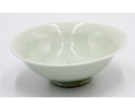 A Bernard Leach celadon glazed porcelain bowl, with incised sea holly decoration, diameter 15.7cm, impressed personal and pot