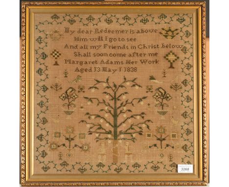 A needlework sampler depicting Adam and Eve beneath the tree of life, with verse, by Margaret Adams, Aged 13, May 1838m, 47 x