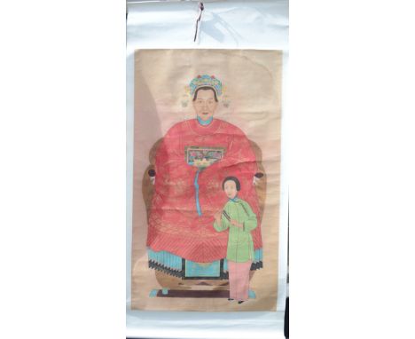 A large Chinese ancestor portrait scroll on silk, depicting an elderly lady in court robes with child, 167.5 x 94cm. 