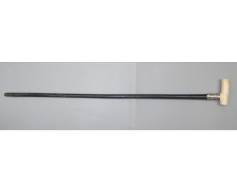 An ivory handled, silver banded ebonised walking stick, length 90cm. 