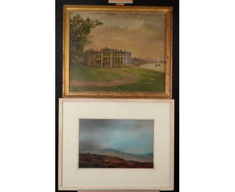 A watercolour of Dartmoor signed J R Merlin and three other works various media.