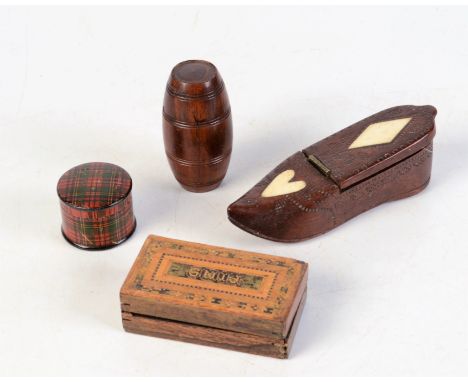 An 18th century treen snuff box in the form of a shoe, length 10cm, a Tunbridge Ware 'Pins' box, a circular Tartan Ware pill 