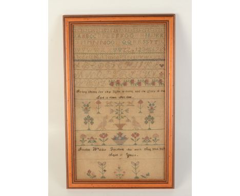 A needlework sampler, 19th century, 'Amelia Willis Finished this work Aug 30th 1869, Aged 11 years' 59 x 37cm. 