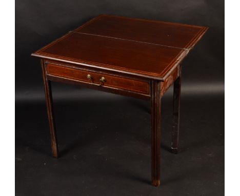 A Chippendale style fold top rectangular mahogany tea table, with single drawer, the whole with inlaid lines on square sectio