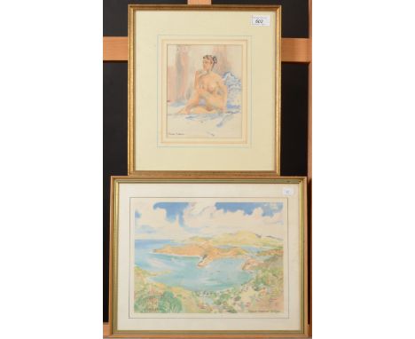 A watercolour of a female nude, signed Susan Keeble, 19 x 15cm and a print entitled 'English Harbour, Antigua', 22 x 30cm.