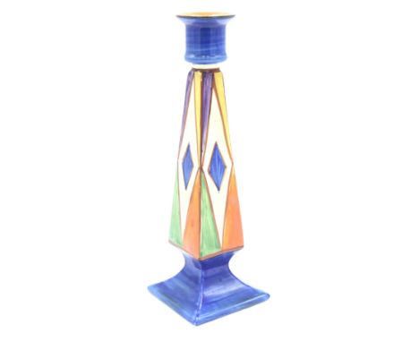 A Clarice Cliff tall square section candlestick, decorated with an early geometric pattern, height 29.8cm.