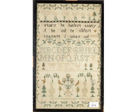 A Georgian needlework sampler, by Sarah Johnson dated 1788 depicting alphabet and verse, 46 x 29cm.