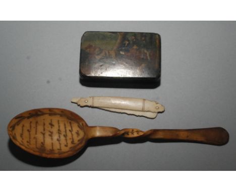 A European horn spoon, a Victorian papier mache snuff box etc. 
