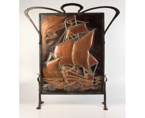 An Arts and Crafts Hayle copper and wrought iron firescreen, height 77.5cm, width 71.5cm.
