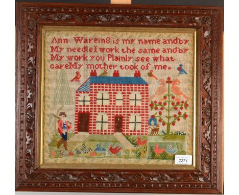An early 20th century needlework sampler by Ann Wareing, with verse which reads 'Ann Wareing is my name and by, my needlework