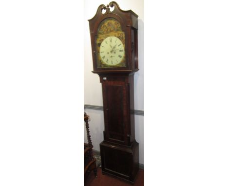 A mahogany longcase clock, early 19th century, with an arched painted dial, height 210cm, width 46cm, with two weights and a 