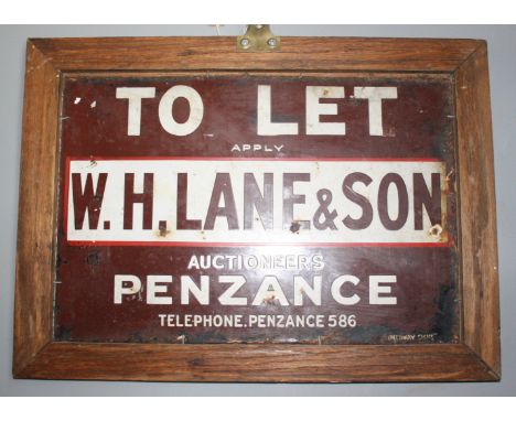 'To Let Apply W.H.Lane &amp; Son Auctioneers Penzance Telephone.Penzance 586', double sided enamel advertising sign, in oak f