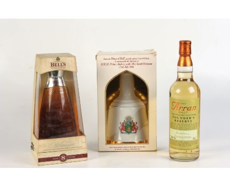 A bottle of 'The Arran Malt Single Island Malt Scotch Whisky, Founders Reserve', 43% Vol, 70cl, a boxed Bell's 2000 millenniu