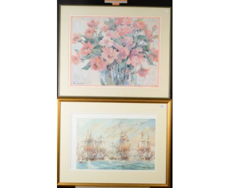 A limited edition print 'Battle of Trafalgar' by David C. Bell, 35 x 54cm and a floral print by Nancy Lund, 48 x 61cm. 