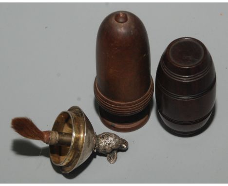 The silver lid of a glue pot fitted with a brush, marks worn, together with a Treen inkwell and a Treen thimble case. Conditi