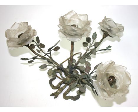 A gilt metal ceiling light, with four opaque glass roses, height 31cm, width 47cm.