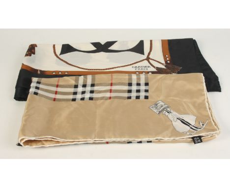 A Cartier silk scarf, 86.5 x 86.5cm and a Burberry silk scarf, 76.5 x 74cm.  Condition report: Good condition.