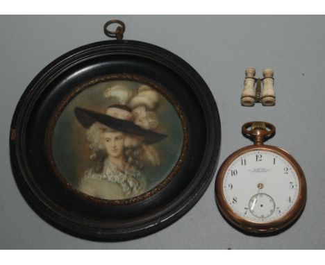 A pair of miniature binoculars with standard lens, a portrait miniature after Gainsborough and and a gilt pocket watch. 