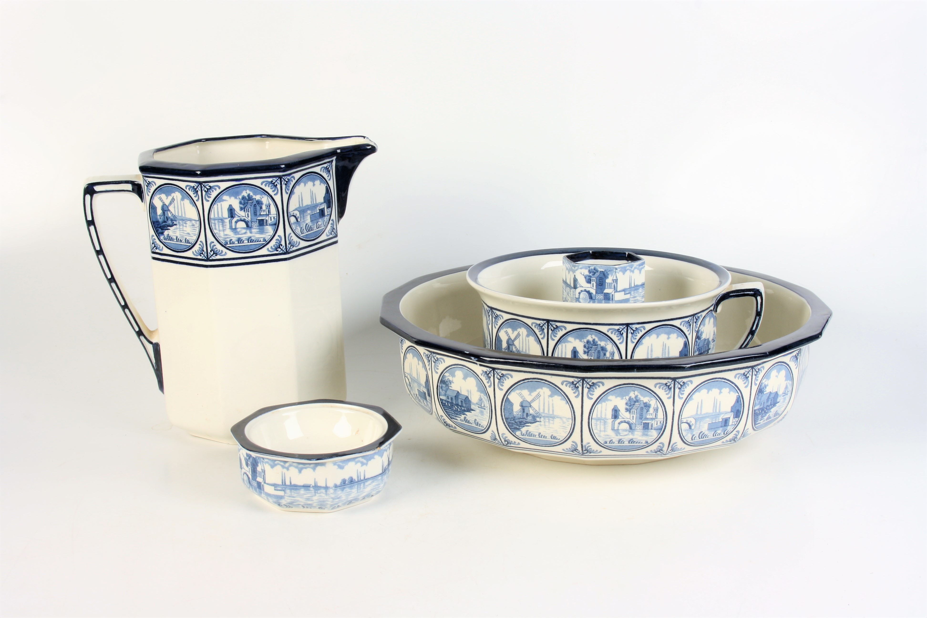 A Royal Doulton blue and white toilet set, comprising a jug and bowl