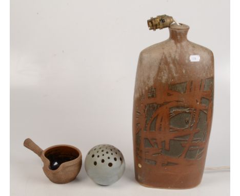 A Leach pottery pouring vessel, tenmoku glaze to the interior, height 9cm, length 17cm, a studio pottery lamp base, height 41