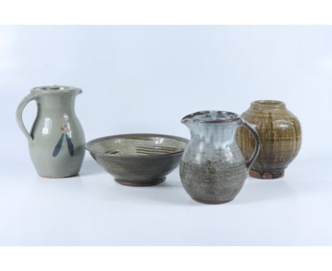 A John Bedding Leach Pottery stoneware bowl, a John Bedding vase and two other pieces of studio pieces.