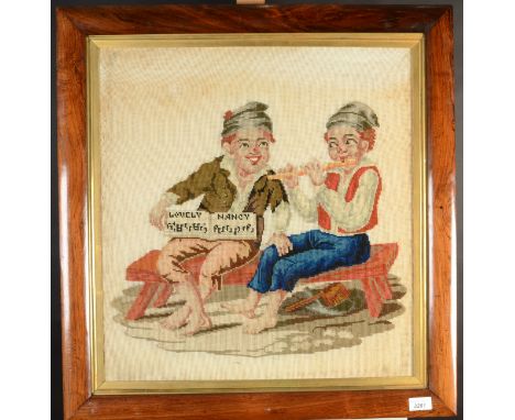 A Victorian woolwork picture, entitled 'Lovely Nancy' depicting two figures seated on a bench, one playing a flute, in a rose