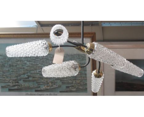 A 1950's metal and brass mounted ceiling light, with six moulded glass shades, 57 and 93cm.