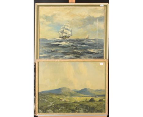A Heaton Cooper print of a boat on a lake, 32 x 50cm, a James Humbert Craig print of an Irish landscape, 37.5 x 49.5cm, an oi