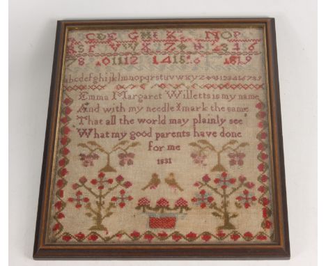 A needlework sampler, 19th century,inscribed 'Emma Margaret Willetts is my name, And with my needle mark the same, That all t