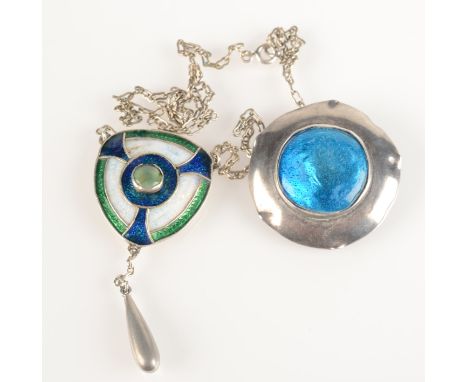 An Arts and Crafts silver enamelled pendant with central stone and plain silver drop on silver chain together with a silver A