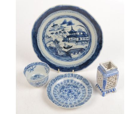 A Chinese blue and white export porcelain plate, 18th century, diameter 23cm, a blue and white saucer dish, circa 1900, four 