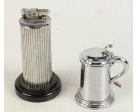 A chrome plated Dunhill tankard table lighter, height 9cm, together a Polo column table lighter, height 13cm.