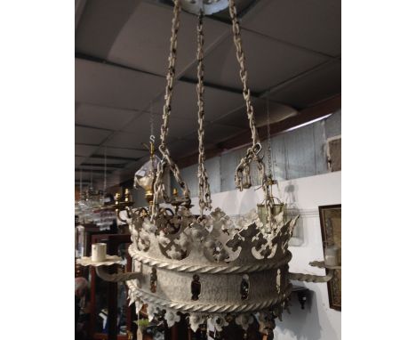 A Gothic white painted iron three branch ceiling light, diameter of lower tier, 44cm. 