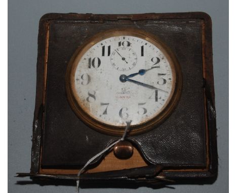 An Omega 8 day travelling timepiece with white 68mm face, folding leather case defective. Condition report: There seems to be