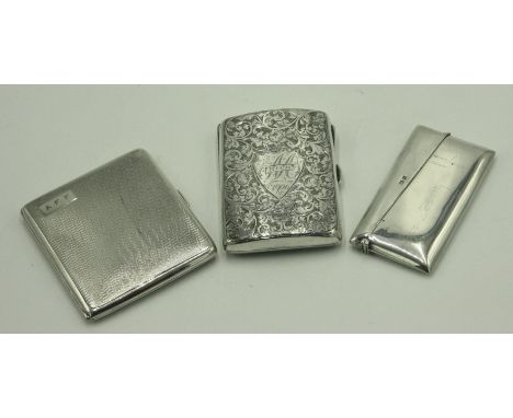 An engine turned silver cigarette case, an acanthus engraved silver cigarette case and a silver card case, 6.3oz.