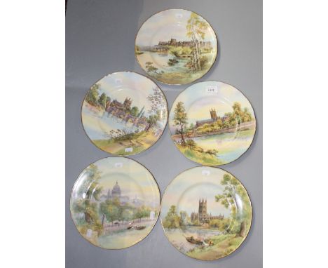 A set of five Royal Worcester plates, they portray St Paul's Cathedral from the river, Hereford Cathedral, Gloucester Cathedr
