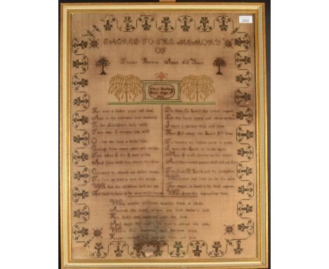 A needlework sampler, entitled 'Sacred to the memory of Thomas Barlow aged 66 years who died September 7th 1826' with religio