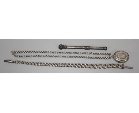 A Victorian silver locket and chain, together with a silver watch chain and a Victorian silver propelling pencil with amethys