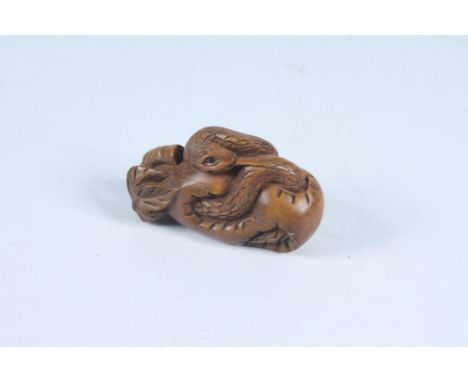 A Japanese carved wood netsuke of a snake in a gourd, signed, height 3.3cm, width 6cm, 