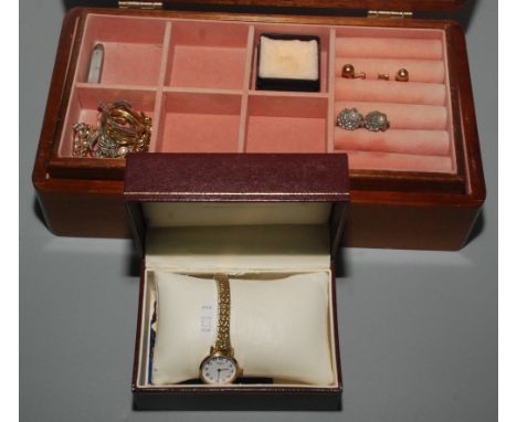 A jewellery box and contents including a little gold together with a Rotary lady's wrist watch.