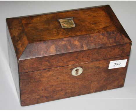 A burr walnut tea caddy, 19th century, the hinged cover opening to reveal two lidded compartments, height 15cm, width 23.3cm,